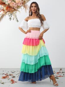 Swiss Dot Off Shoulder Crop Chiffon Top & Layered Hem Skirt - Multicolor - View 5