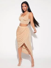 SHEIN SXY Solid Cup Detail Tank Top & Ruched Wrap Skirt - Apricot - View 4