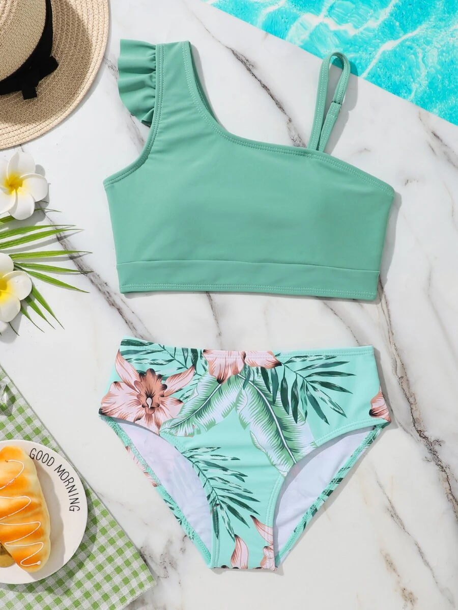 Conjunto de bikini con estampado de plantas y ribete de volantes para niña preadolescente, para la playa de verano - verde menta - Ver 1