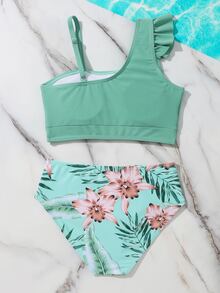 Conjunto de bikini con estampado de plantas y ribete de volantes para niña preadolescente, para la playa de verano - verde menta - Ver 2
