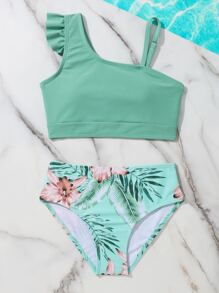 Conjunto de bikini con estampado de plantas y ribete de volantes para niña preadolescente, para la playa de verano - verde menta - Ver 3