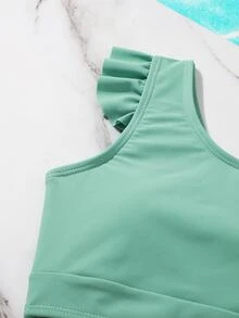 Conjunto de bikini con estampado de plantas y ribete de volantes para niña preadolescente, para la playa de verano - verde menta - Ver 4