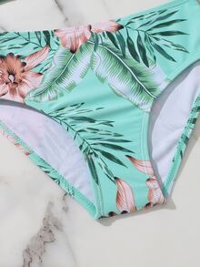 Conjunto de bikini con estampado de plantas y ribete de volantes para niña preadolescente, para la playa de verano - verde menta - Ver 5