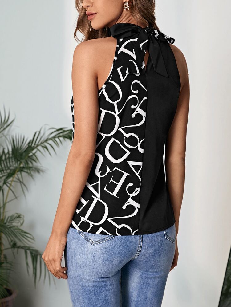 SHEIN Clasi Letter Graphic Crossover Tie Back Halter Top - Black - View 2