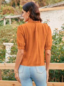 SHEIN LUNE 蕾絲拼接褶邊泡泡袖襯衫 - 橘色 - 查看 2