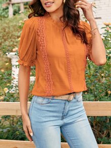 SHEIN LUNE 蕾絲拼接褶邊泡泡袖襯衫 - 橘色 - 查看 4