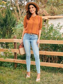SHEIN LUNE 蕾絲拼接褶邊泡泡袖襯衫 - 橘色 - 查看 5