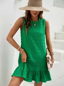 EMERY ROSE Women's Casual Sleeveless Solid Color Round Neck Ruffle Hem Dress - Green - View 1