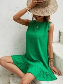EMERY ROSE Women's Casual Sleeveless Solid Color Round Neck Ruffle Hem Dress - Green - View 4