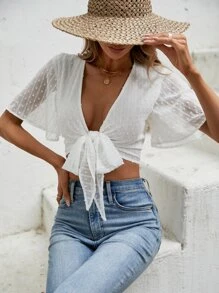 SHEIN VCAY 圓點前打結短款上衣 - 白色 - 查看 5