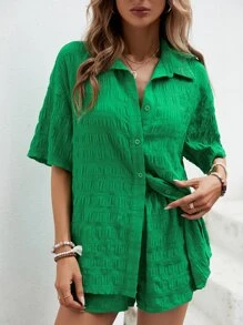 SHEIN LUNE Drop Shoulder Shirt & Shorts - Green - View 4