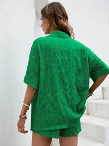 SHEIN LUNE Drop Shoulder Shirt & Shorts - Green - View 2
