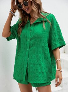 SHEIN LUNE Drop Shoulder Shirt & Shorts - Green - View 5