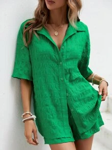 SHEIN LUNE Drop Shoulder Shirt & Shorts - Green - View 3