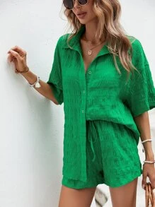 SHEIN LUNE Drop Shoulder Shirt & Shorts - Green - View 7