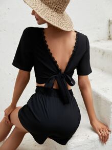 SHEIN VCAY Guipure Lace Trim Tie Backless Crop Blouse & Shorts - Black - View 2