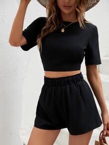 SHEIN VCAY Guipure Lace Trim Tie Backless Crop Blouse & Shorts - Black - View 4