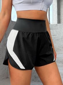 SHEIN Running Colourblock Wideband Waist Sports Shorts - Black - View 1