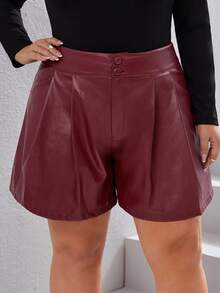SHEIN Privé Plus Wide Leg PU Leather Shorts - Burgundy - View 4
