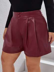 SHEIN Privé Plus Wide Leg PU Leather Shorts - Burgundy - View 1