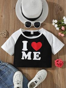 SHEIN Girls Heart & Letter Graphic Raglan Sleeve Crop Tee - Black - View 1