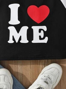 SHEIN Girls Heart & Letter Graphic Raglan Sleeve Crop Tee - Black - View 3