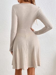 SHEIN Frenchy Ribbed Knit Half Button Dress - Apricot - View 2