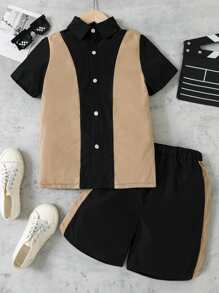 SHEIN 男孩撞色前紐扣襯衫和側條紋短褲 - 彩色 - 查看 1