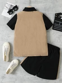 SHEIN 男孩撞色前紐扣襯衫和側條紋短褲 - 彩色 - 查看 2