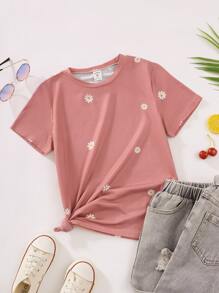 SHEIN Explorewe Tween Girl' Round Neck Short Sleeve Daisy Print Vacation Style T-Shirt,Holiday,Summer,Travel - Dusty Pink - View 1