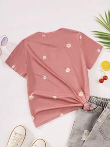 SHEIN Explorewe Tween Girl' Round Neck Short Sleeve Daisy Print Vacation Style T-Shirt,Holiday,Summer,Travel - Dusty Pink - View 2