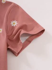 SHEIN Explorewe Tween Girl' Round Neck Short Sleeve Daisy Print Vacation Style T-Shirt,Holiday,Summer,Travel - Dusty Pink - View 3