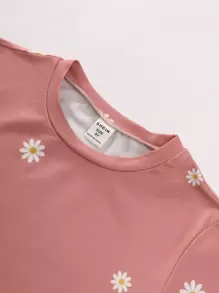 SHEIN Explorewe Tween Girl' Round Neck Short Sleeve Daisy Print Vacation Style T-Shirt,Holiday,Summer,Travel - Dusty Pink - View 5