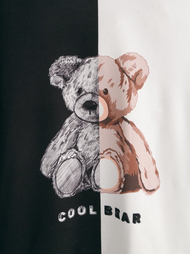 Boys Bear & Letter Graphic Two Tone Tee - Black and White - View 3