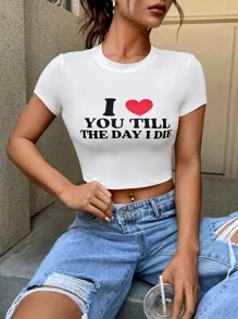 SHEIN EZwear 愛心和標語圖案短款T恤 - 白色 - 查看 1