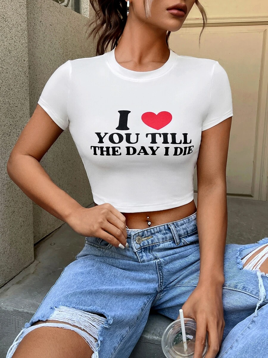 SHEIN EZwear 愛心和標語圖案短款T恤 - 白色 - 查看 1