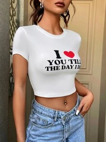 SHEIN EZwear 愛心和標語圖案短款T恤 - 白色 - 查看 3