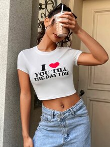 SHEIN EZwear 愛心和標語圖案短款T恤 - 白色 - 查看 4