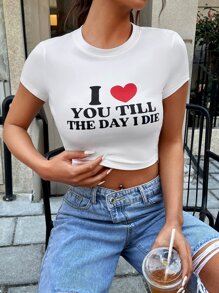 SHEIN EZwear 愛心和標語圖案短款T恤 - 白色 - 查看 5