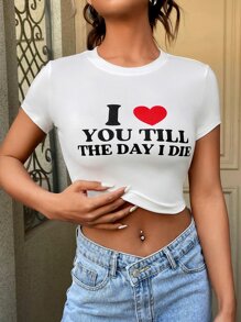 SHEIN EZwear 愛心和標語圖案短款T恤 - 白色 - 查看 6