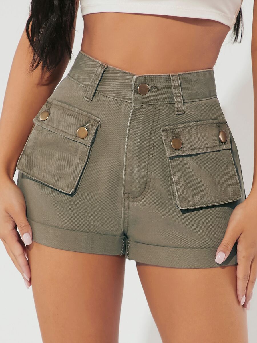 SHEIN PETITE Flap Pocket Denim Shorts - Army Green - View 1