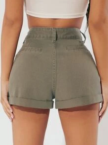 SHEIN PETITE Flap Pocket Denim Shorts - Army Green - View 2