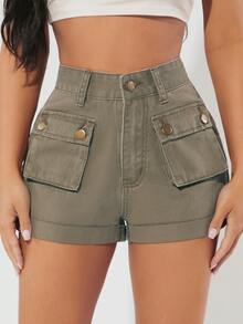 SHEIN PETITE Flap Pocket Denim Shorts - Army Green - View 3