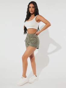 SHEIN PETITE Flap Pocket Denim Shorts - Army Green - View 4
