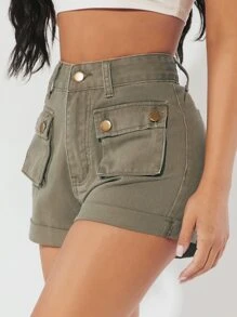 SHEIN PETITE Flap Pocket Denim Shorts - Army Green - View 5