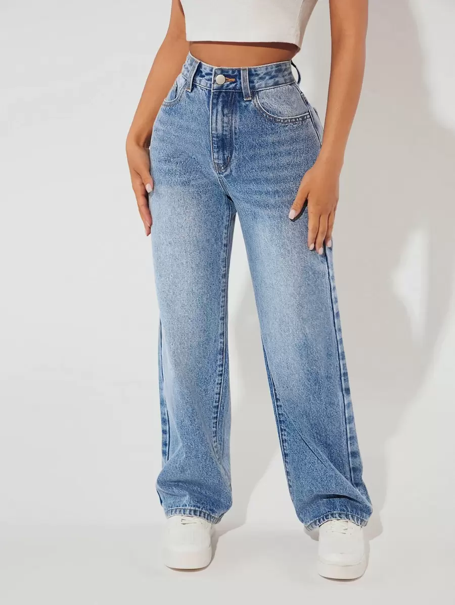 SHEIN PETITE 斜口袋直筒牛仔褲 - 淺色水洗藍 - 查看 1