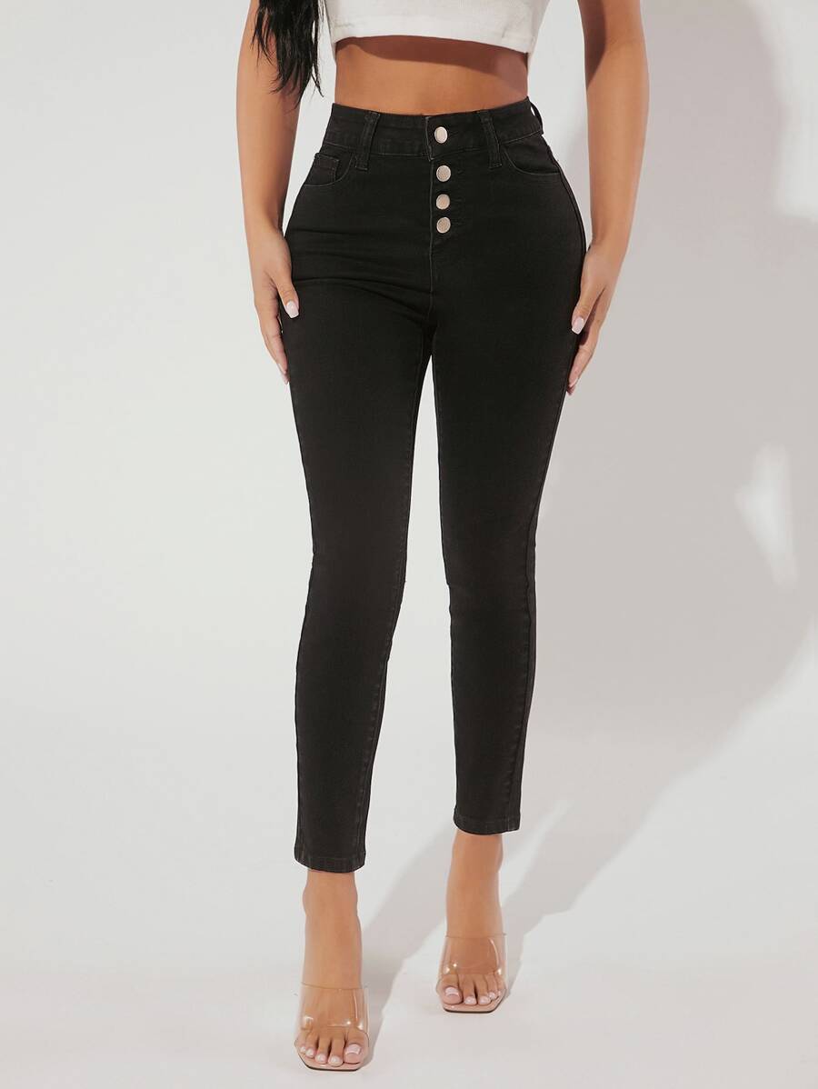 SHEIN PETITE Button Fly Skinny Jeans - Black - View 1