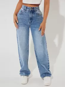 SHEIN PETITE 斜口袋直筒牛仔褲 - 淺色水洗藍 - 查看 5