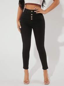 SHEIN PETITE Button Fly Skinny Jeans - Black - View 3