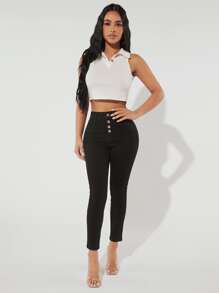 SHEIN PETITE Button Fly Skinny Jeans - Black - View 5